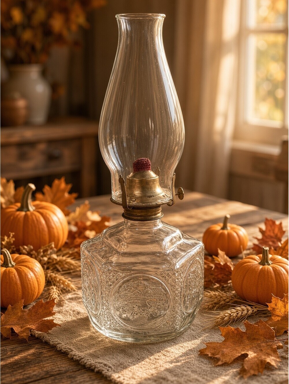 Vintage Glass Oil Lamp 14" and Embossed Horse-Drawn Carriage Design